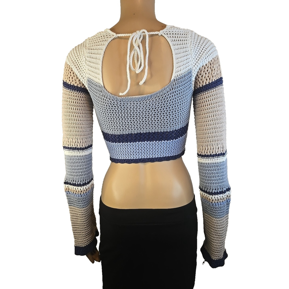 Altar'd State Women XS Crochet Crop Top Tie Back Bell Sleeve Blue Boho - Picture 8 of 10